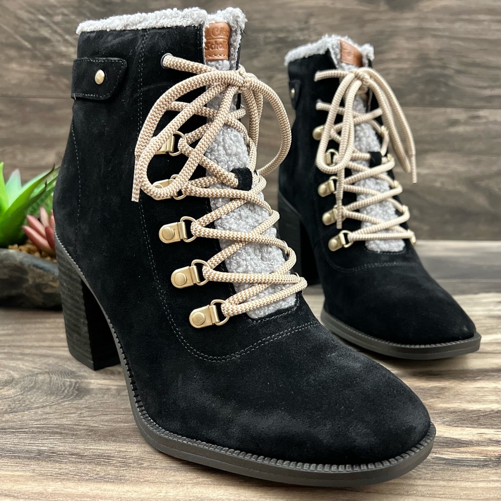 NIB Dr Scholls Loni Lace Up Combat Boots Bootie Heeled Black Suede - Picture 6 of 13